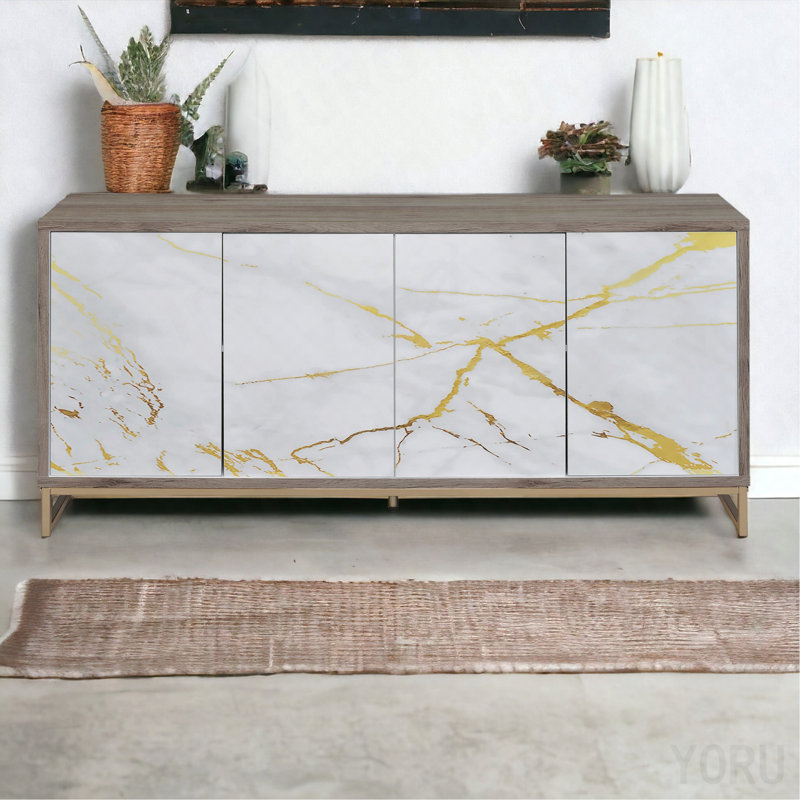 Console Cabinet, Sunburst Pattern for Entryway - White Marble/Champagne