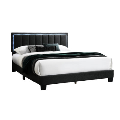 Modern Queen Bed, Charcoal Wool, Bedroom, Channel Tufting, Led Headboard Wool Fabric Upholstery, No Box Spring, Built
