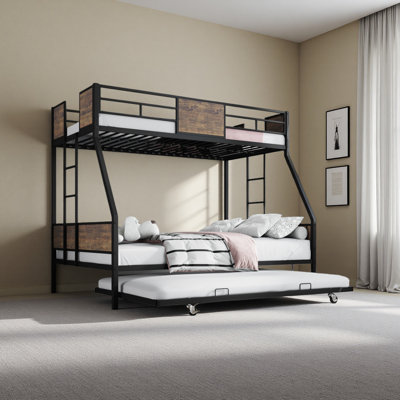 Twin Over Full Bunk Beds With Trundle, Metal Bunk Bed Frame With Safety Guardrail And 2 Ladder For Kids,Sturdy Metal Frame And Protective Board Supports, No Box Spring Needed, Easy Assembly