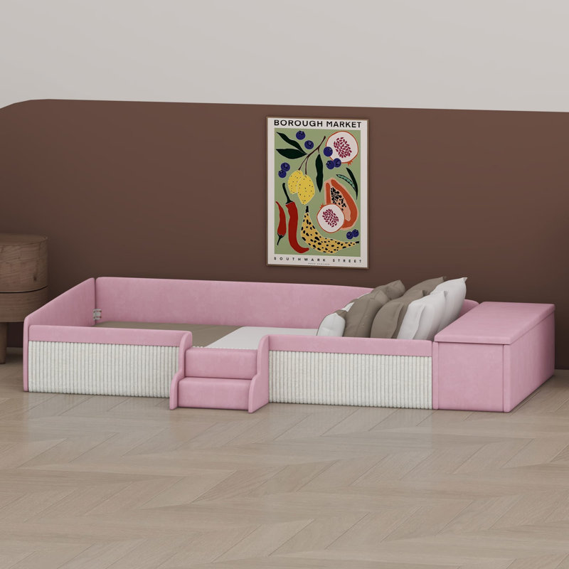 Lit de jour avec pouf de rangement à vérin à gaz et escalier, montage facile., Lit simple, Rose et blanc