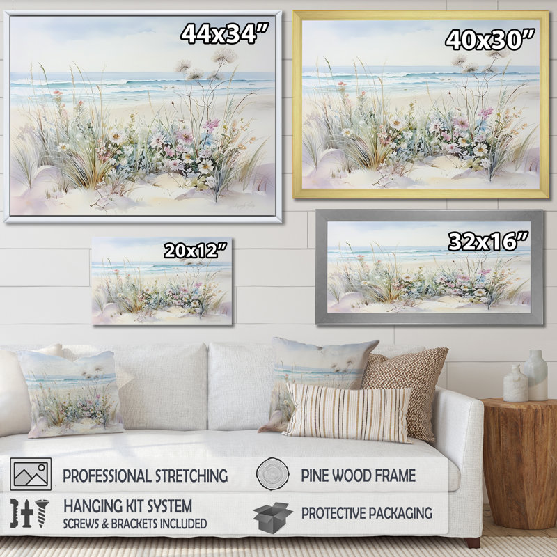 Wildflowers On The Beach II, 16" H x 32" W, Floater Framed Print, White