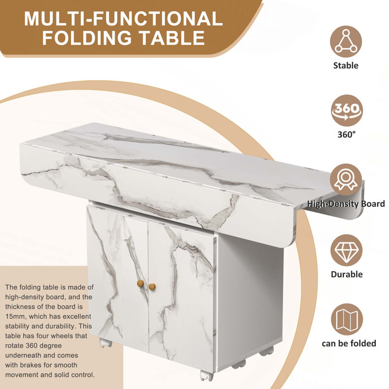47" Wood Folding Dining Table With Storage Rack And Cabinet,Removable Entryway Table With 6 Wheels,Marble Kitchen Island,Side Table And Coffee Table Versatile Table Space Saving