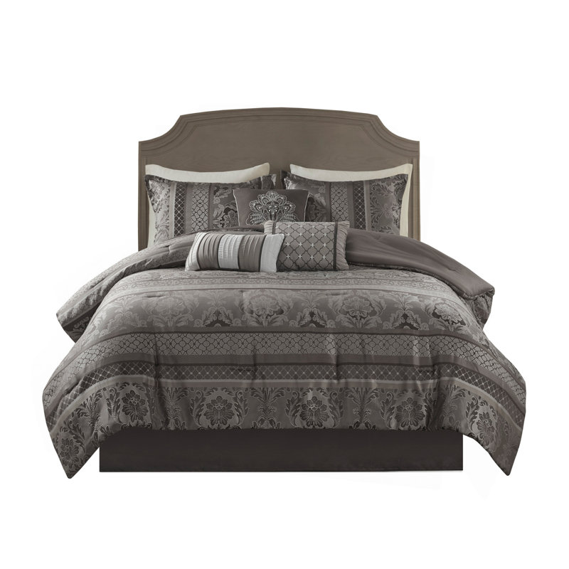 7 Piece Jacquard Comforter Set Grey Queen, Queen Comforter + 6 Additional Pieces