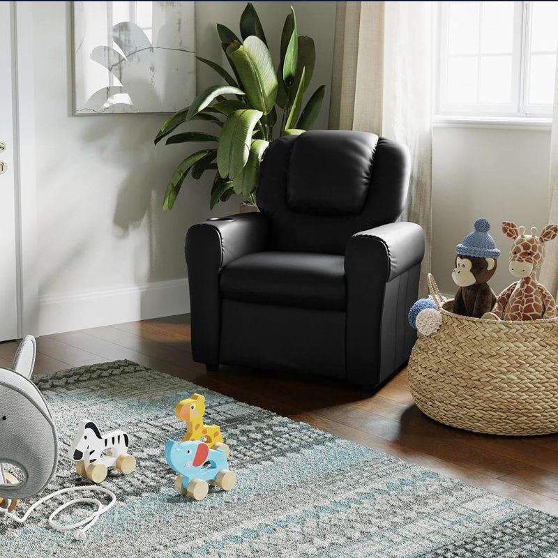 Pu Leather Kids Recliner With Cup Holder, Headrest, And Safety Recline, Contemporary Reclining Chair For Kids, Supports Up To 90 Lbs, Black
