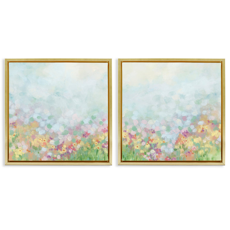 «Pastel Spring Flower Field», ensemble de 2 toiles flottantes encadrées par June Erica Vess, Cadre flottant métallique doré