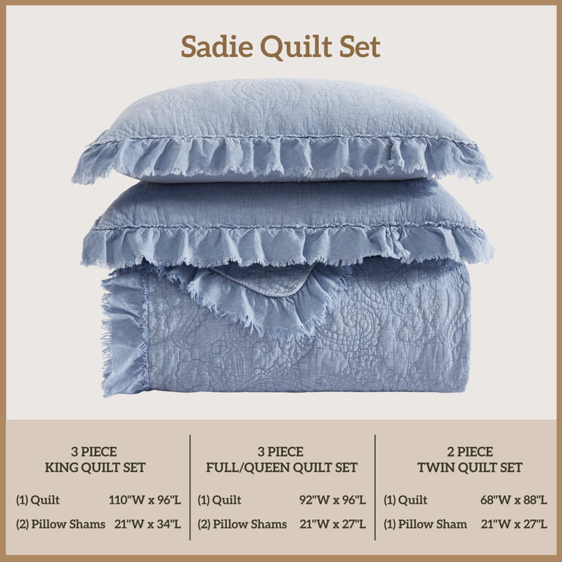 Ensemble de courtepointe en coton Tasha Polizzi, Courtepointe pour grand lit + 2 taies décoratives, Sadie Bluebonnet