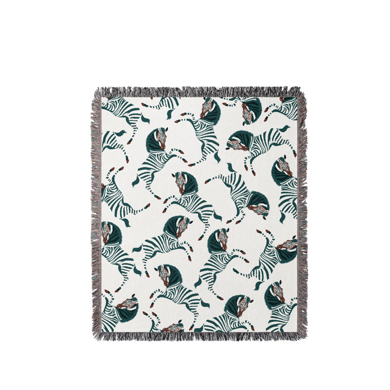 Ciro Zebra Cotton Blend Blanket Throw, Teal/Off White, 60" L x 50" W