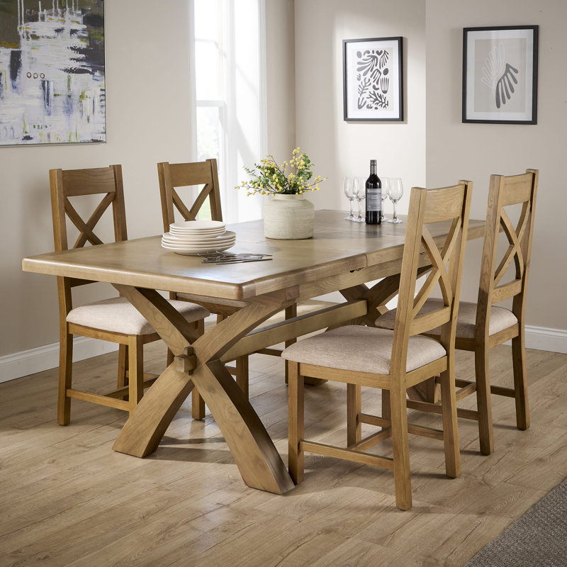 Ciro 1.5m-2m Extending Dining Table & Oak Set 4 Cross Back Chairs, Beige