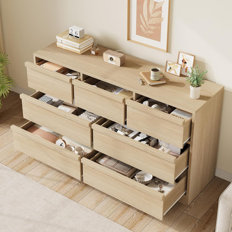 Commode 6 tiroirs en chêne naturel, commode de 46 po de largeur pour la chambre à coucher, le salon, la chambre de bébé et le vestibule