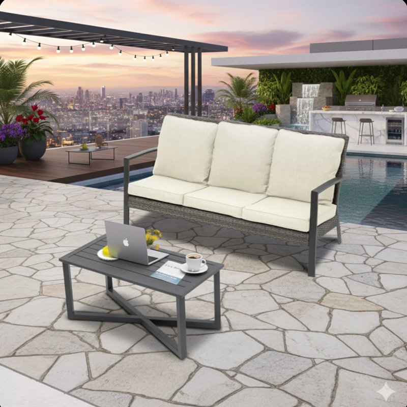 Ensemble de conversation de patio en osier 2 pièces avec coussins beiges et table basse, Beige