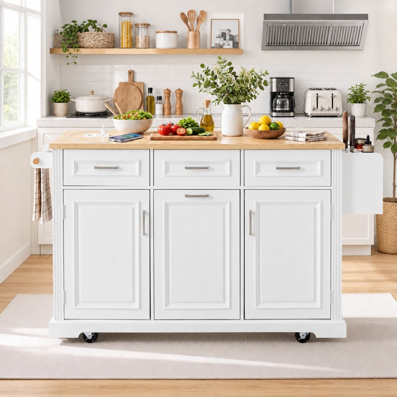 Îlot de cuisine roulante de 164 cm avec rangement pour poubelle, texture en relief, 4 roues, 2 portes et 3 tiroirs, table îlot avec abattant et prise électrique.