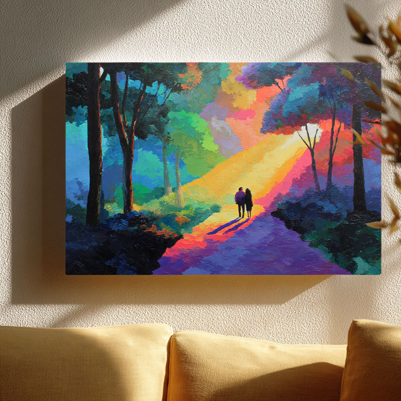 Sunlit Rainbow Forest Couple, art mural sur toile tendue romantique, 40 * 30 pouces (100 * 75 * 2cm)