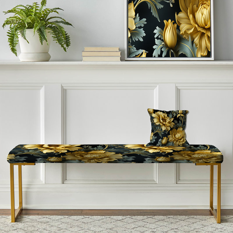 Dark Blue And Yellow Damask Realm - Damask Upholstered Gold Bench
