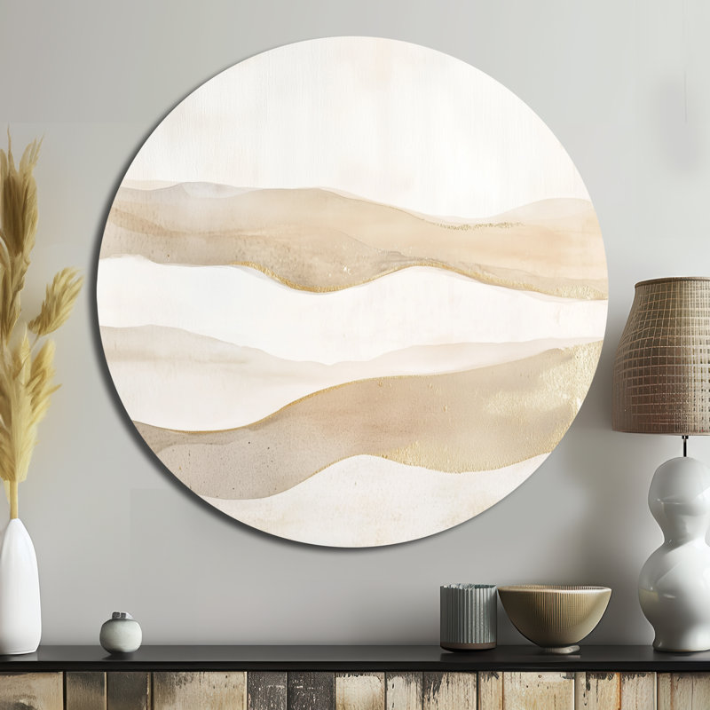 Horizon tropical doré et beige à la plage - Abstrait art mural rond en métal, L 23 po x H 23 po