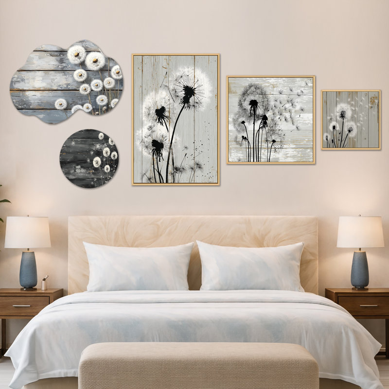 Ensemble de 5 pièces d'art mural en toile blanche et pissenlit blanc et été (100 po x 40 po), Métal + cadre naturel