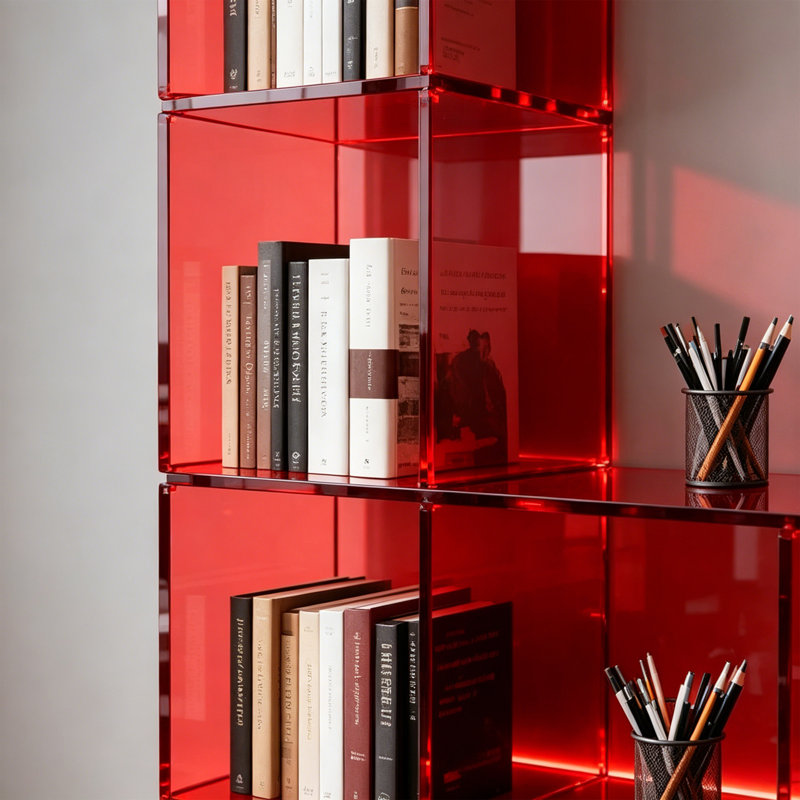 Bibliothèque moderne en acrylique rouge, (5 tablettes) H 49,21 po x l 47,24 po x P 11,81 po