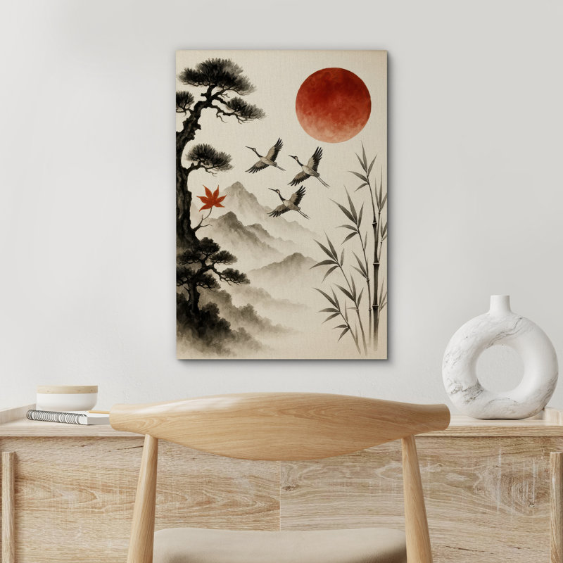 «Red Sun with Flying Cranes and Bamboo in Asian-Inspired Landscape», reproduction d'art sur toile encadrée, Toile tendue