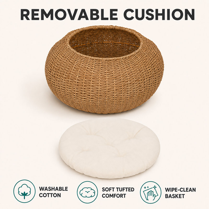 Canvas 50cm Wicker Pet Basket with Washable Cushion, Natural Seagrass Round Bed, Cozy Nest for Cats & Small Dogs
