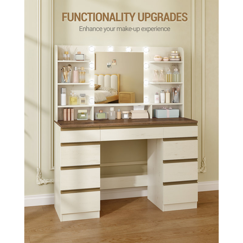 Dressing Table with Bulb/LED Light, Vanity Desk with 1 Large Drawer and 8 Small Drawer Cabinets, Adjustable Brightness, Large HD Mirror, 9 Open Storage Areas