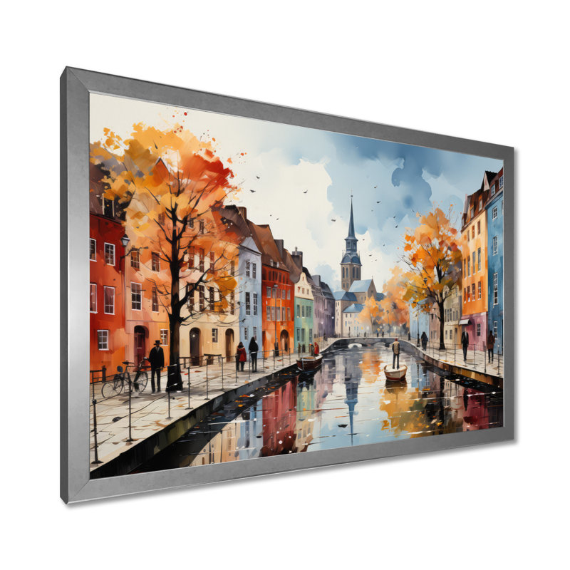 «Danemark Canal Promenade II», reproduction sur toile, H 16 po x l 32 po x P 1 po, Cadre photo argenté