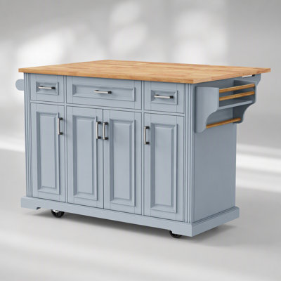 54 Inch Rolling Kitchen Island with Drop Leaf, 4 Doors, 3 Drawers and Storage, Grey Blue