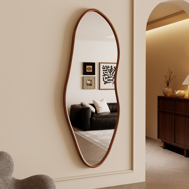 Full Length Mirror, 65"x22" Irregular Full Body Mirror with Solid Wood Frame,,Large Wavy Wall Mirrors for Living Room Entryway Bedroom,Horizontal/Vertical,Walnut