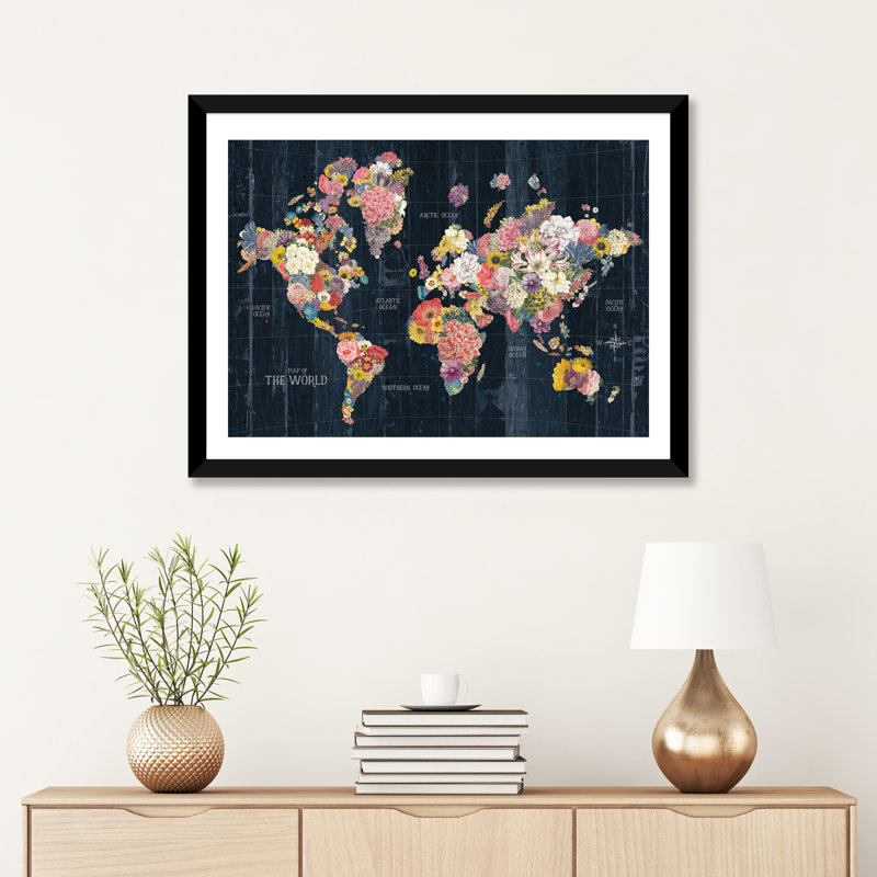 «Botanical Floral Map Words» par Wild Apple Portfolio - impression d'art graphique, Papier encadré noir, Blanc