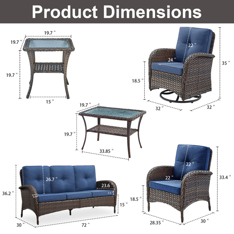 Ensemble de conversation d'extérieur 8 pièces avec coussins et tables d'appoint Gaetanino, Bleu