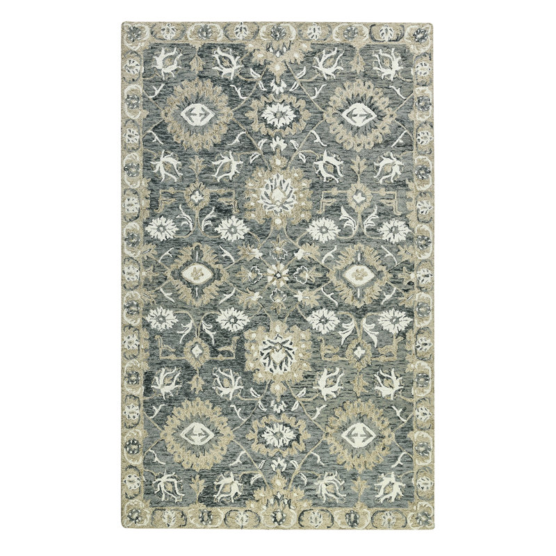 Tapis gris en laine crocheté à la main Dorcelus, Rectangulaire 9 pi x 13 pi