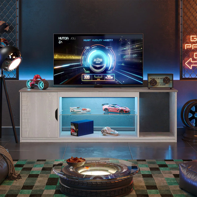 58" Media Console, LED TV Stand for 65 Inch TV, Gaming Entertainment Centre for PS5 with Glass Shelf, White Wash