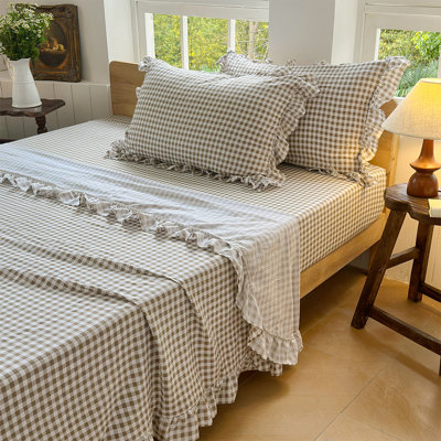 Gingham Ruffle Sheet Set, Soft Pre-Washed Microfiber Plaid Ruffled Bed Sheets, Farmhouse Sheet Set with Deep Pocket