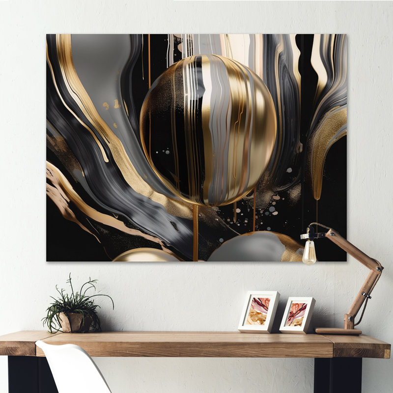 Marbre doré et noir captivant III - art mural abstrait en marbre, Toile tendue, Sans cadre, H 34 po x l 44 po