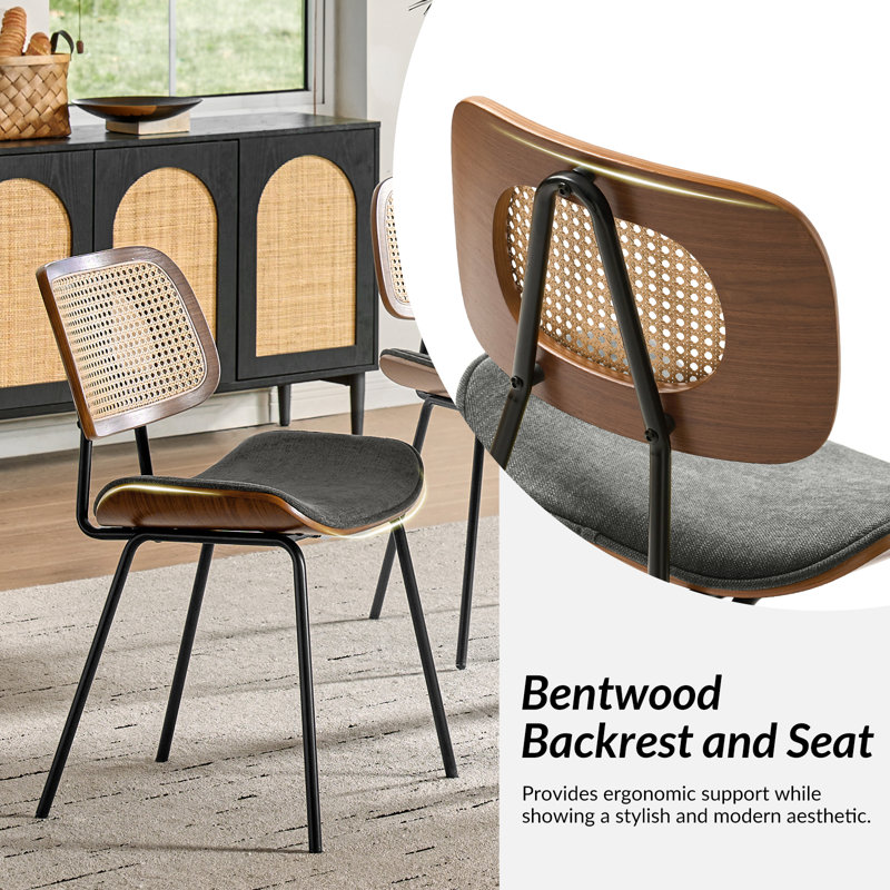 Pateley Mid-Century Modern Dining Chair Set with Rattan Backrest, 2, Dark Gray