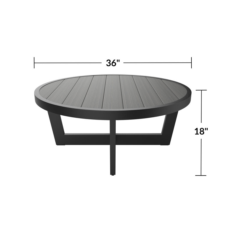 Table basse ronde d'extérieur avec structure en aluminium et plateau à lattes d'aspect bois, Gris côtier