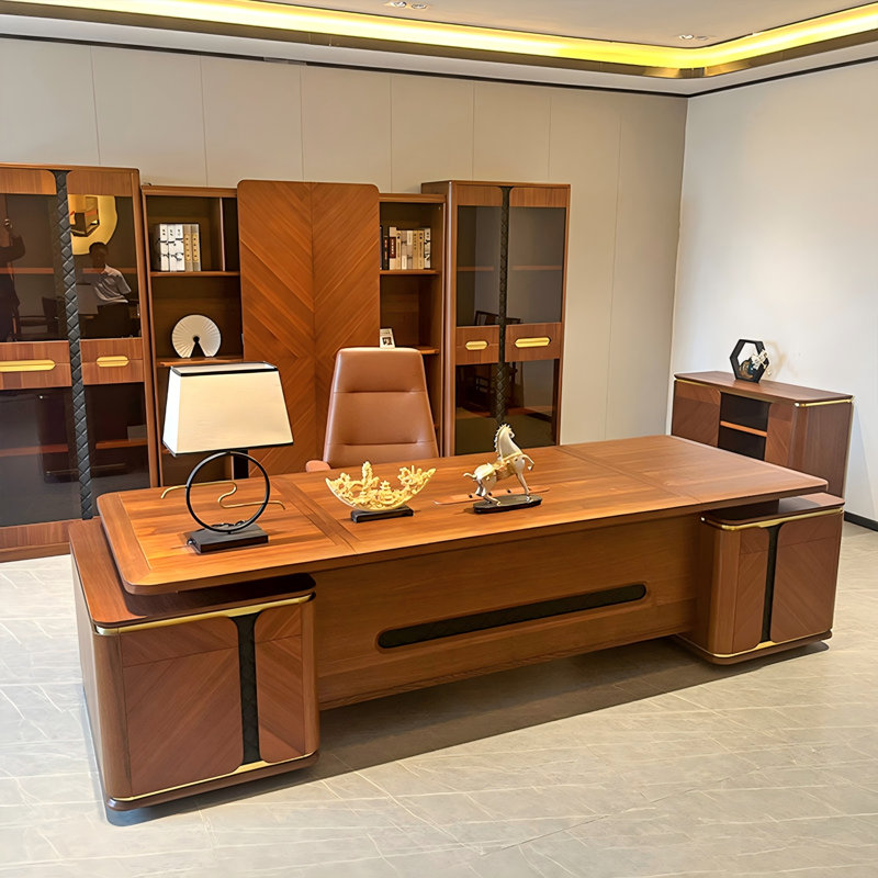 Bureau de direction 110,24 "en noyer rétro avec deux armoires latérales, H 29,92 po x l 110,24 po x P 43,31 po