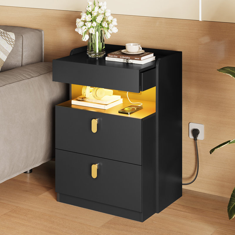 18.11'' LED Nighstand with 2 Drawers and USB & AC Outlets Charging, Wood Night Stand with Sliding Open Shelf Waterproof Top , Modern Bedside Table with Hidden Space for Bedroom, Living Room