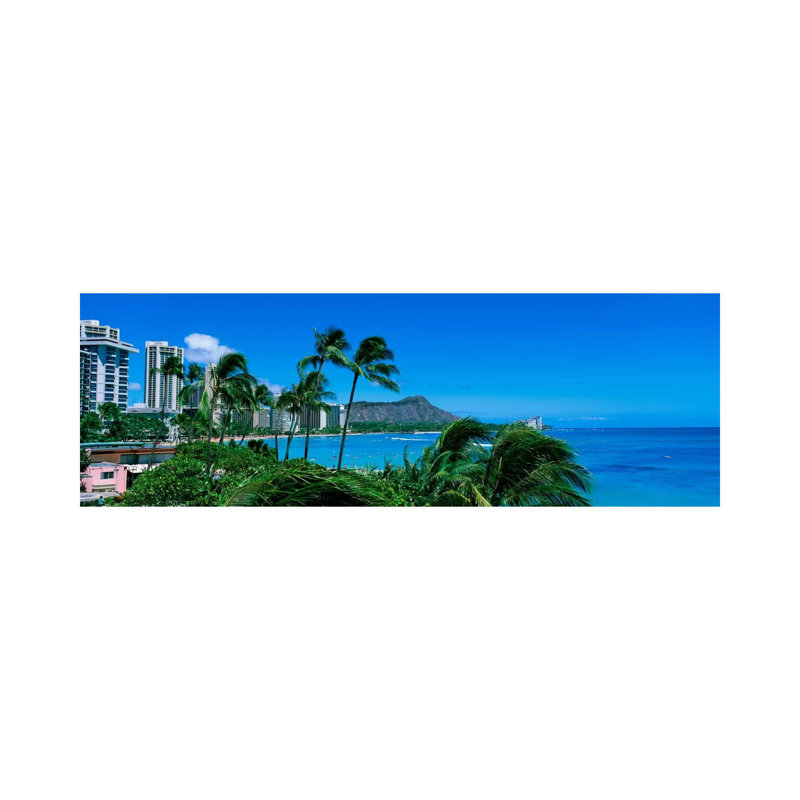 Palm Trees On The Beach, Waikiki Beach, Honolulu, Oahu, Hawaii, USA - Wrapped Canvas Panoramic Print