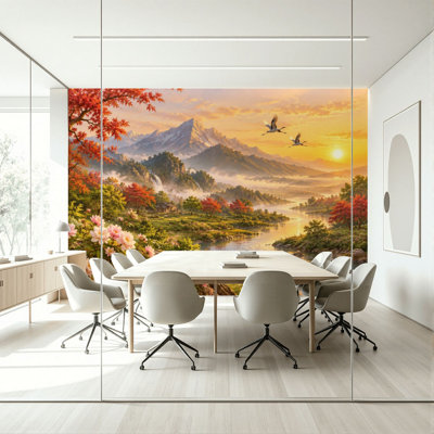 Peel and Stick Large Full Wall Mural Serene Mountain Landscape Sunset Colorful Foliage Tranquil River Removable Self Adhesive Wallpaper Roll Decorative Accent Wall Covering Renter Friendly Wipe Clean for Living Room Bedroom Nursery Kids Room