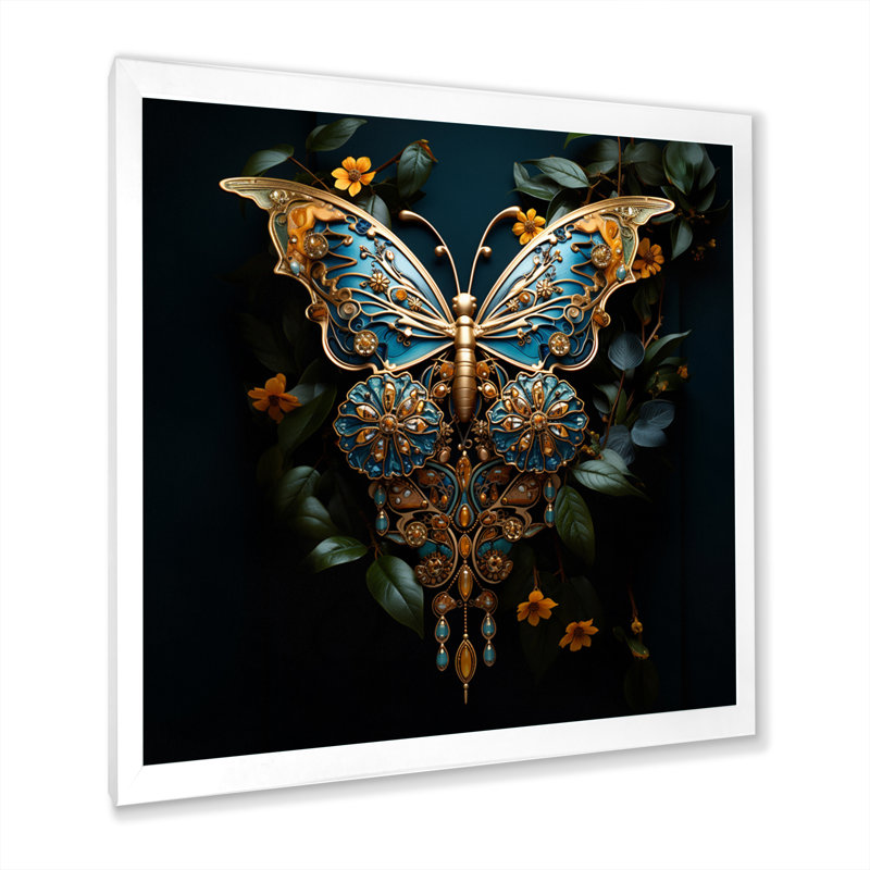 Ambre futuriste et papillon bleu sarcelle, H 24 po x l 24 po x P 1 po, Cadre simple blanc