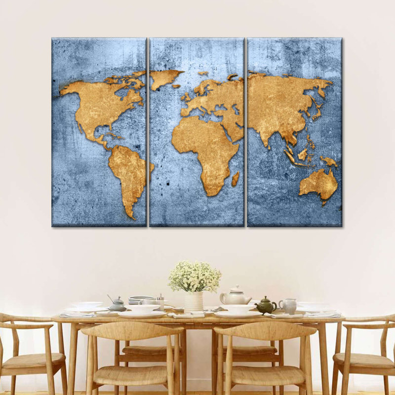 «Azure World Map Wall Art», reproduction d'art sur toile, H 24 po x l 38 po x P 1,25 po