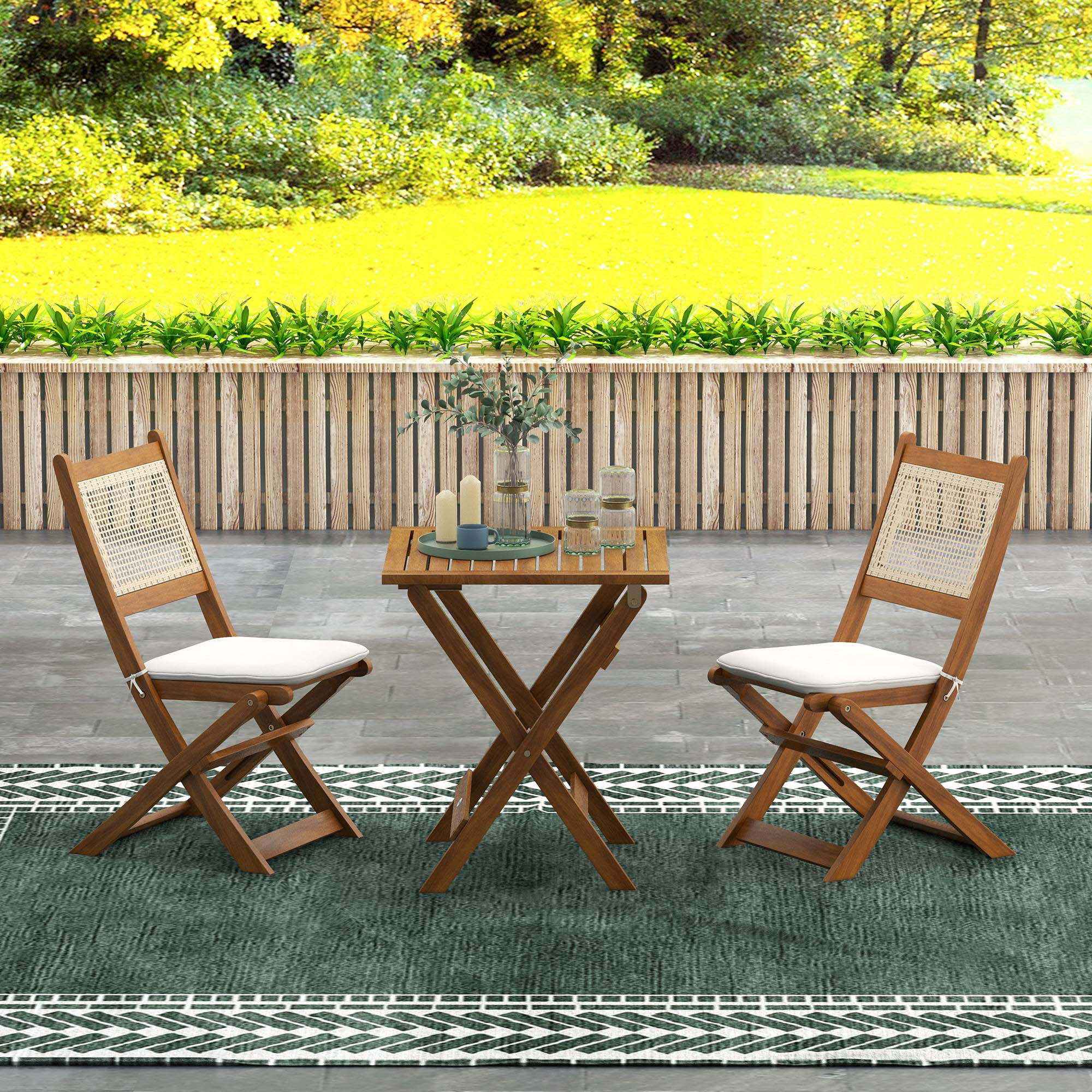 Ebern Designs Outsunny 3 Pieces Patio Bistro Set Foldable Wooden ...