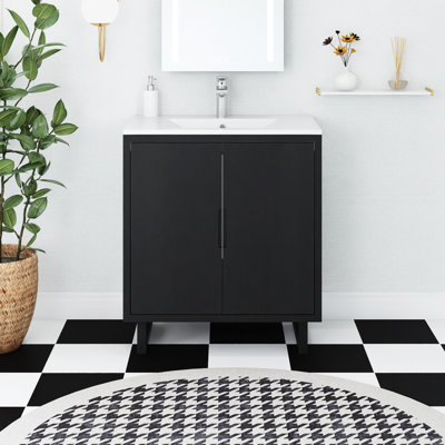 30 po Meuble-lavabo autoportant noir avec plateau en résine blanche non assemblé