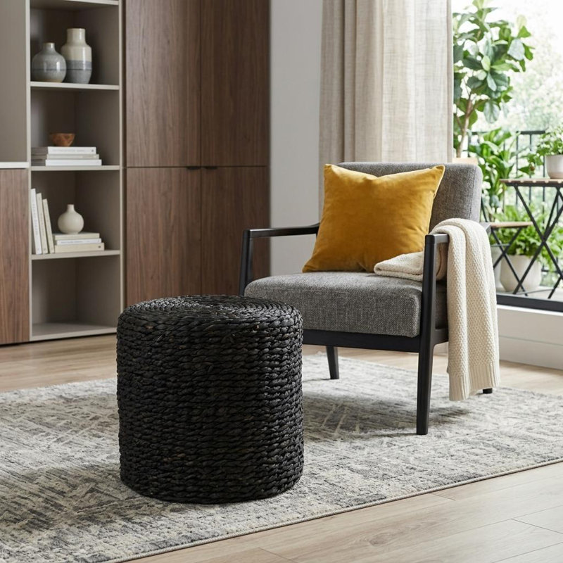 18" Black Water Hyacinth Round Pouf Ottoman