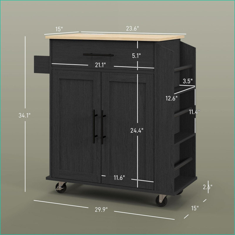 Kitchen Island with Storage, Rolling Cart with AC/USB Ports, Microwave Stand | Black | MDF, Black