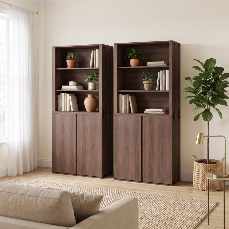Large 2-Piece Wall Unit Bookcase Set, 71" H Storage Cabinet With Double Doors And Open Bookshelf Organizer Walnut