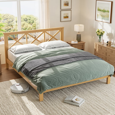 Full Size Solid Bamboo Platform Bed With X Design Headboard, Mid-Century Style, No Box Spring Needed, Sturdy Bamboo Bed Frame For Bedroom, Natural Finish