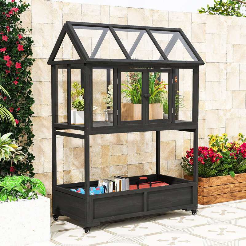 Garden Mini Greenhouse with Movable Wheels, Openable Roof and Storage Box, Black