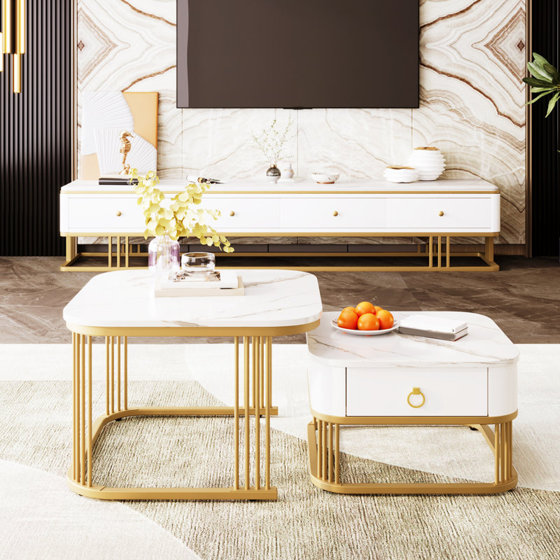Nesting Coffee Table Set Marble Effect Drawer Gold Metal Legs Side End Units Living Room Furniture Base, White & Gold