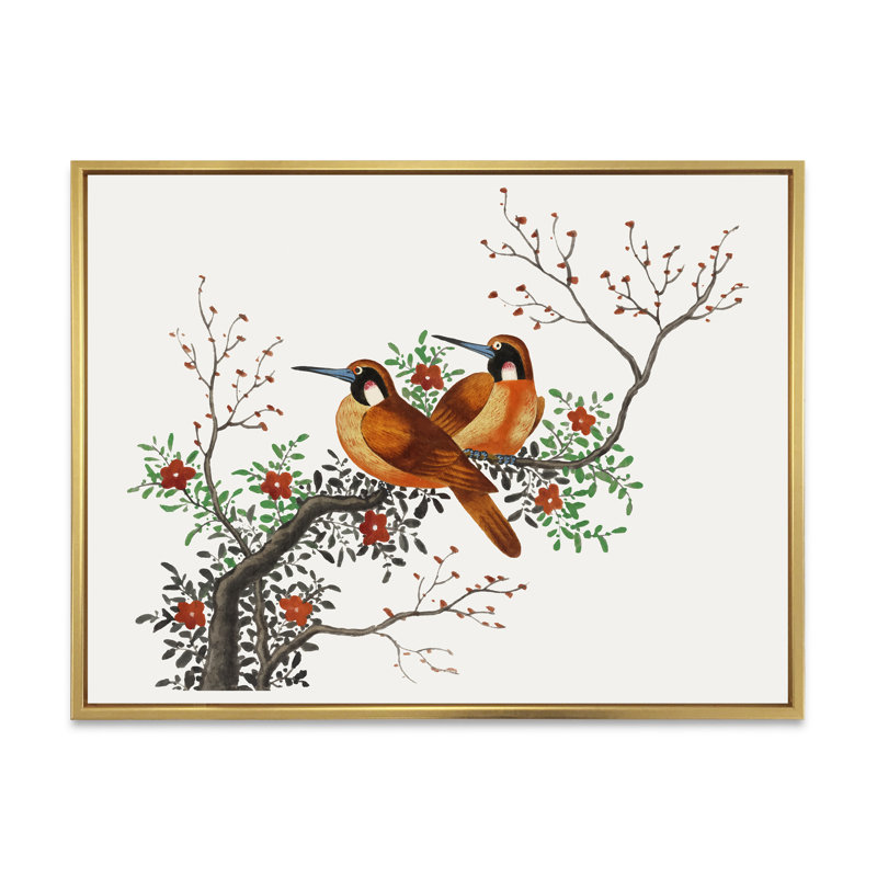 Deux oiseaux chinois sur une branche d'arbre en fleurs - peinture sur toile, H 16 po x l 32 po x p 1 po, Toile encadrée d'or