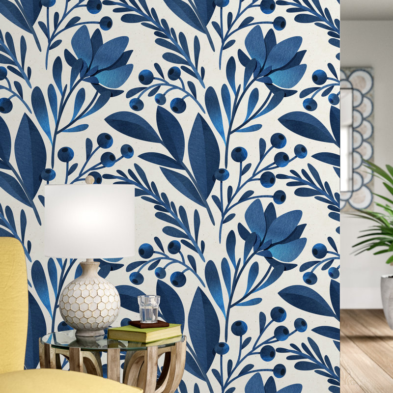 Rouleau de papier peint autoadhésif de 120 po x 25 po à motif botanique bleu fabriqué aux États-Unis Aayat
